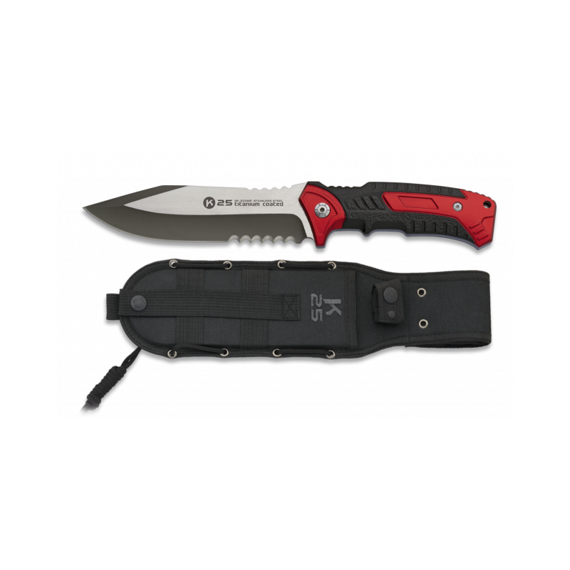 Cuchillo K25 con sierra rojo. Hoja: 14 c⋆Armería Calatayud